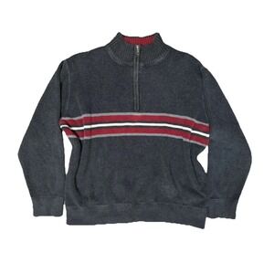 EDDIE BAUER Mens Heavy 1/4 Zip Striped Pullover Sweater Gray/Red/Wht Size XXL